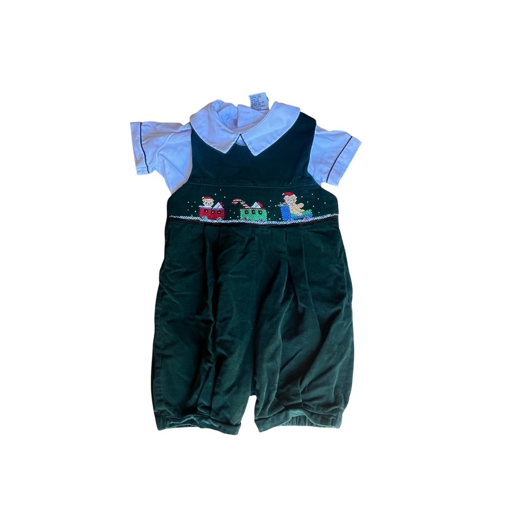 Friedknit‎ Creations Vintage Smocked Xmas Train Corduroy Romper Set 24M Green